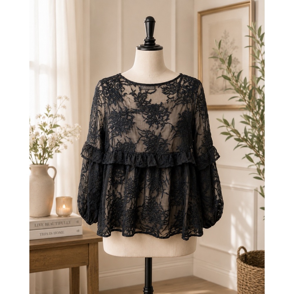 Context Lord & Taylor Black Sheer Lace Peplum Blouse Women's S Romantic Floral